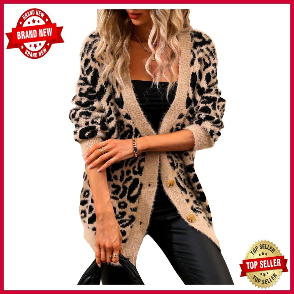 Oversized Fuzzy Cardigan V Neck Button Front Drop Shoulder Long Sleeve